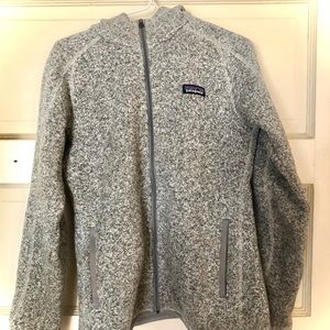 Grey hooded Patagonia “better sweater.”